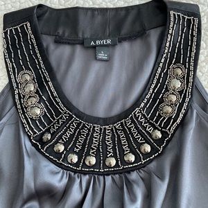 Satin finish Steele Gray with smoked Silver embellished sleeveless top. Size L